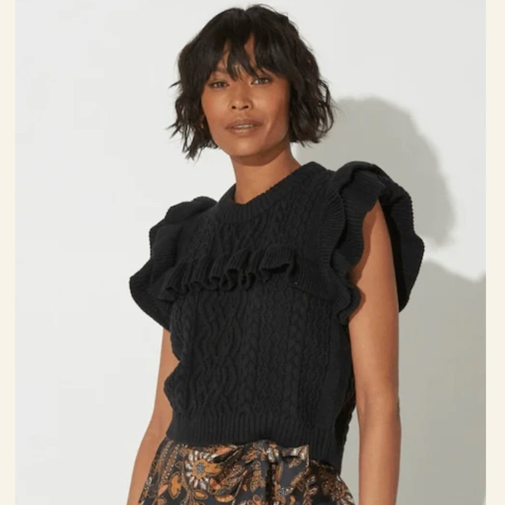 CLEOBELLA ZOFIA ORGANIC COTTON BLACK RUFFLE YOKE SWEATER VEST TOP